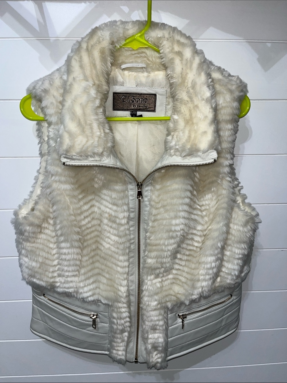 Ci Sono Ivory Faux Fur Zip Vest with Quilted Hem